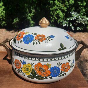 Vintage Newcor Regency Brass Handle Enamel Casserole Pot Floral 70s 80s Retro